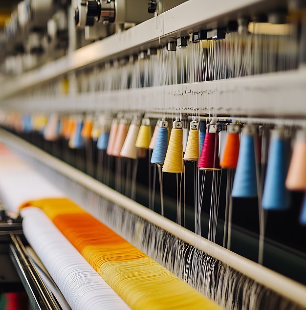 Un primo piano di un telaio per tessitura con colori vivaci di rocchetti di filo appesi. Ogni rocchetto presenta tonalità diverse, creando un effetto visivo coinvolgente, mentre il tessuto si forma in basso.