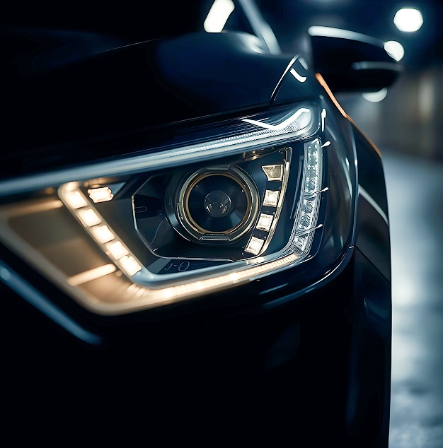 Primo piano di un faro di automobile moderno, con luci a LED e design elegante, evidenziando dettagli costruttivi e riflessi.