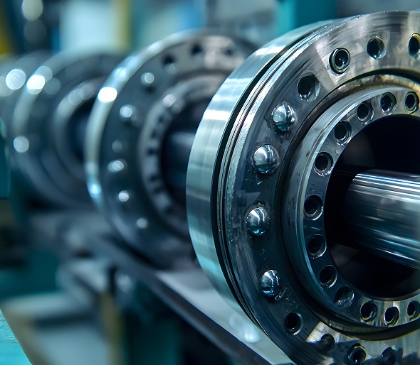 Equilibratura dinamica. Dettaglio ravvicinato di un assemblaggio industriale che mostra cuscinetti metallici lucidi e parti rotanti in un contesto di produzione.