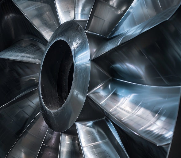Equilibratura in condizioni di servizio. Dettaglio di una turbina con pale metalliche lucide, evidenziando il design aerodinamico e la precisione della lavorazione ingegneristica.